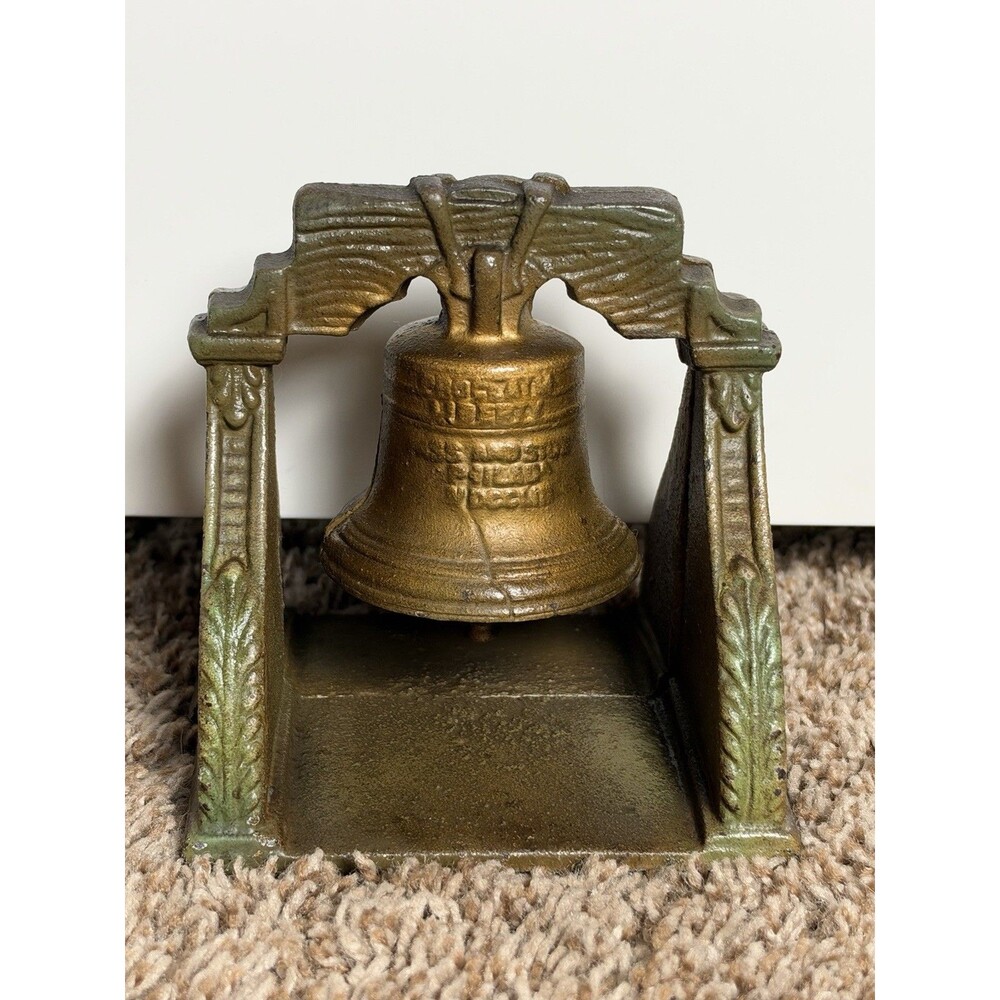 Antique Vintage Cast Iron Liberty Bell Bookends Pair Bronze Finish Americana